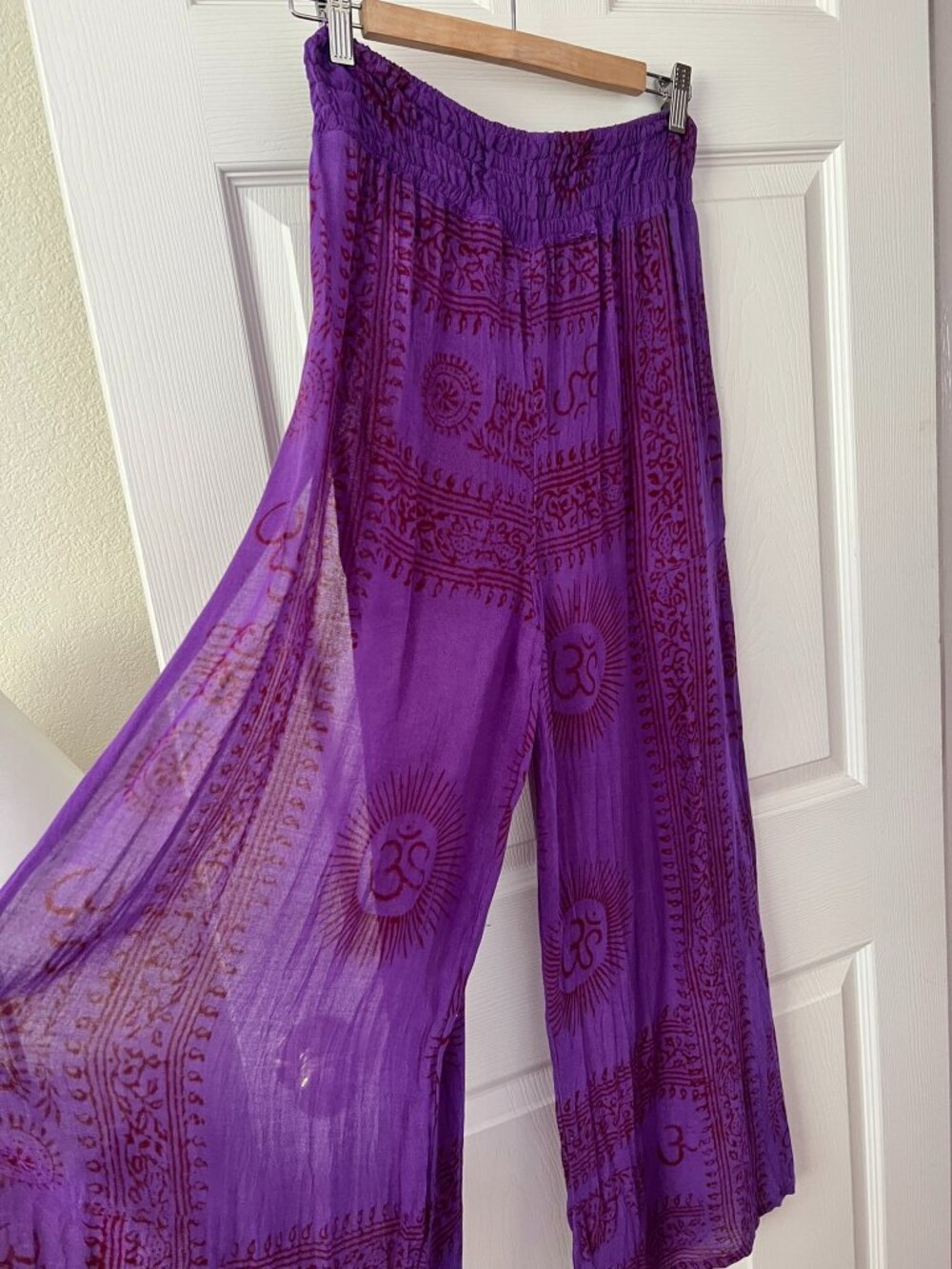 Kathmandu Imports Purple Rayon Wide Leg Pants Boho Om Print Elastic Waist